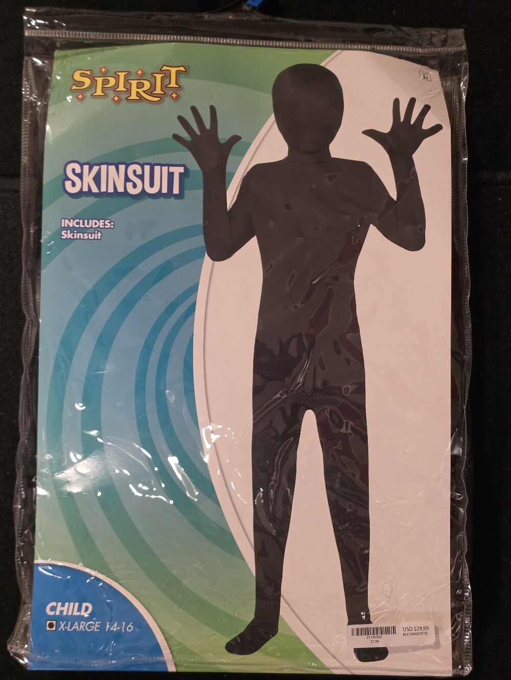Spirit Child Skinsuit Black XL 14-16 Halloween Costume Stretch Polyester Spandex
